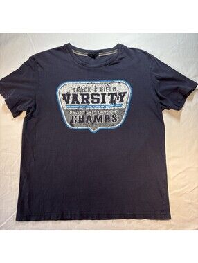 Bossini Men’s L Distressed Varsity Track & Field Graphic Tee Shirt Y2K
